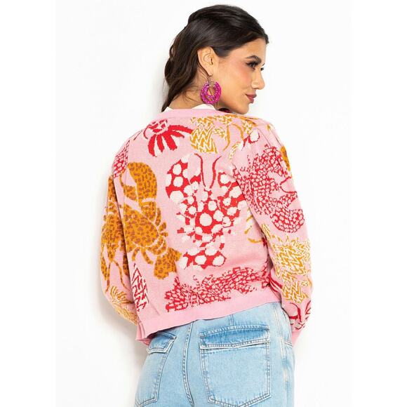FARM RIO Lobster Crawfish Print Cardigan Sweater Pink Sz L $330 {EE3} - Picture 4 of 9